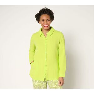 Fashion Women's Top Sz L Cotton Gauze Dolphin Hem Big Shirt Green A688215